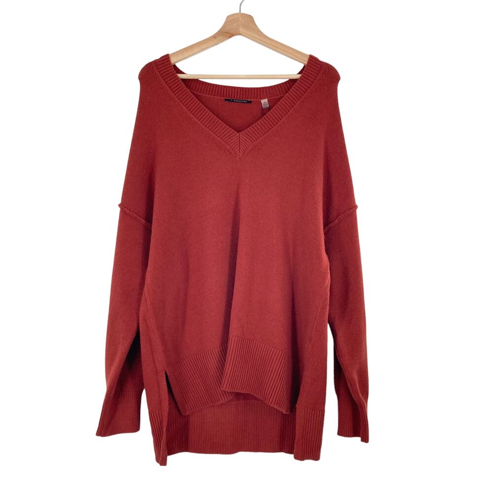 T Tahari Cozy Knit Sweater Pullover V-Neck Rust Orange V-Neck